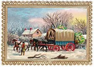 Horse-drawn wagon in the snow on a Christmas card