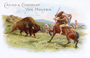 Images Dated 24th August 2018: Horseback Red Indian hunting buffalo with bow and arrow