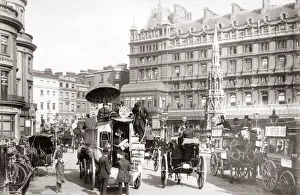 Horses, carriages, Charing Cross Hotel, London, c. 1880 s