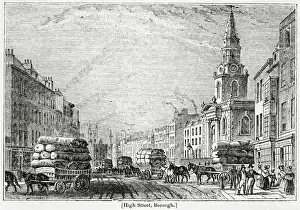 Horses and carriages transport goods along a busy Borough High Street