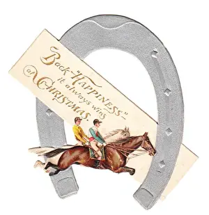 Horses racing on a horseshoe-shaped Christmas card