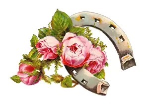 Horseshoe with pink roses on a Victorian scrap