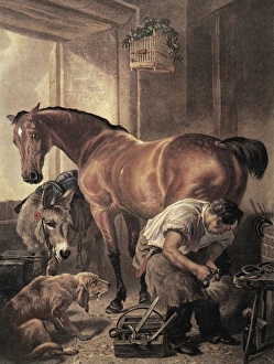 Masculine Collection: Horseshoer. Coloured engraving (19th c.)