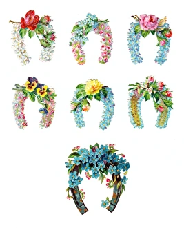 Pansies Gallery: Horseshoes and flowers on seven Victorian scraps