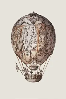 Jacques Prints: Hot-air balloon from 18th century. Engraving