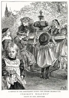 During a hot day at Embankment, London, young children gathering round a public water fountain during the celebrations of the Queen Victoria's Diamond Jubilee. Date: July 1897
