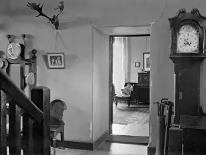 House interior with grandfather clock and antlers