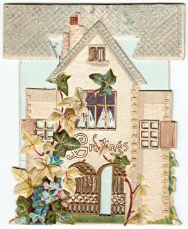 Forgetmenots Prints: House with leaves and flowers on a greetings card