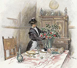 Bourgeoisie Collection: Housemaid decorating the table with a vase of flowers. Color
