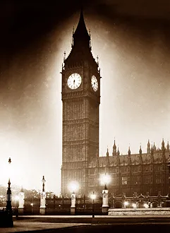 Houses of Parliament at night, London, early 1900s