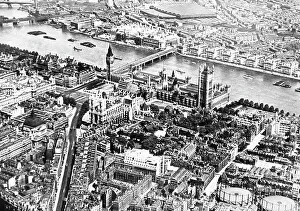 Houses of Parliament, Waterloo Station, London, from the air