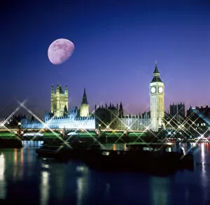 Lunar Gallery: The Houses of Parliament, Westminster at night with Moon