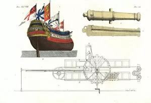 Hull of a frigate, cannon and section through
