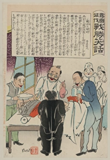 Human figure with Russian battleship for a head being operat Human figure with Russian battleship for a head being operat