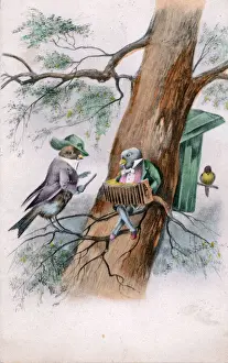 Concertina Prints: Humanised birds on a tree on a greetings postcard