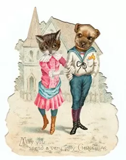 Humanised cat and dog on a cutout Christmas card