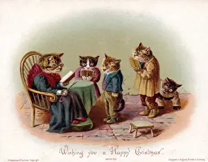 Five humanised cats on a Christmas card