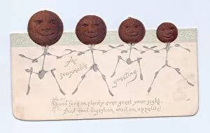 Puddings Gallery: Four humanised puddings on a cutout Christmas card