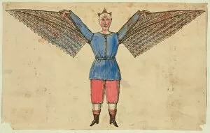 Humorous portrayal of a man who flies with wings attached to