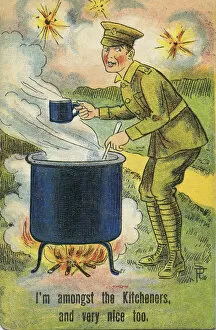 Shelling Collection: Humorous postcard, soldier on Western Front, WW1