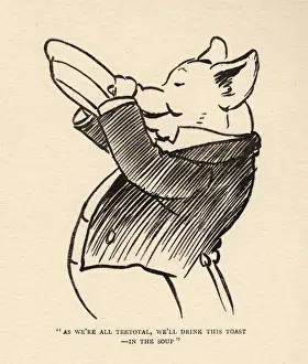 Tailcoat Prints: Hungry Peter the pig drinking a toast in the soup