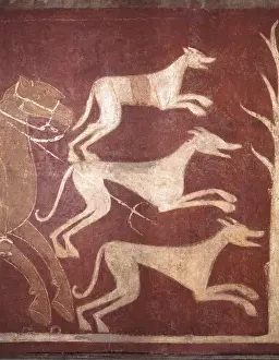Mozarabic Prints: Hunter. ca. 1150. Right detail of the dogs. Mozarabic