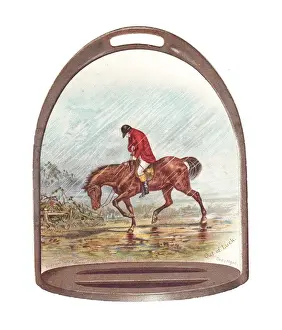 Hunting scene on a stirrup-shaped greetings card