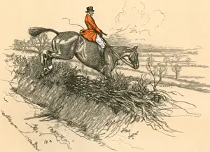 Huntsman on horseback jumping a hedge