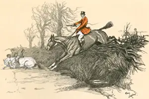 Huntsman Prints: Huntsman on horseback jumping a hedge