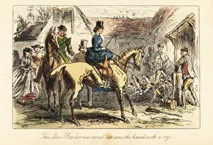 Images Dated 1st July 2020: Huntsmen and women watch the fox-hounds let out of