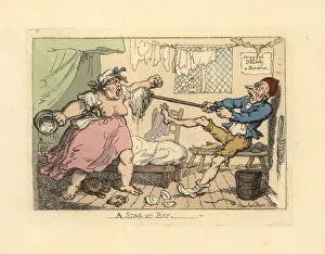 Ackermann Gallery: Husband holding off his angry wife with mop
