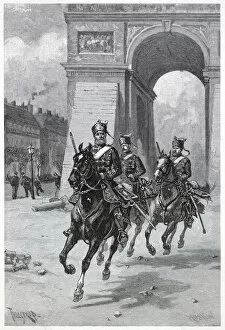 Images Dated 8th September 2020: Three Hussars ride down the Champs Elysees Date: 1 March 1871