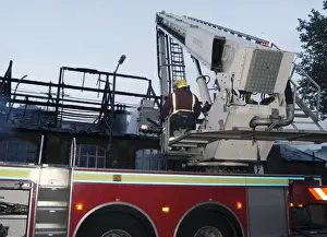 Platforms Prints: Hydraulic lift in action at a fire, London Fire Brigade