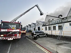 London Fire Brigade Prints: A hydraulic lift in action at a fire, Walthamstow