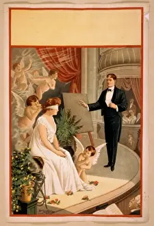 Hypnotist Prints: Hypnotist and blindfolded woman with angels on stage