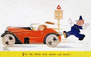 I ll be with you soon - or bust! Young man in a red sports car breaking the 5mph speed limit