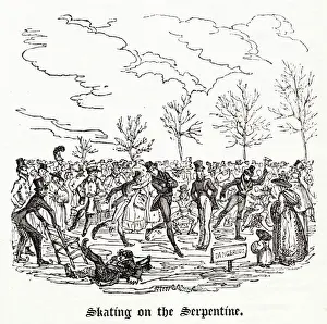 Serpentine Prints: Ice skaters in Hyde Park, Serpentine lake, London. Date: 1825