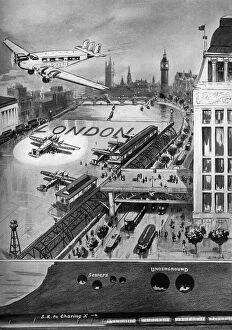 Idea for an air port on the Thames, London 1940
