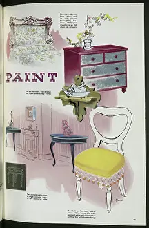 Ideas Prints: Ideas for transforming furniture using colourful chintz, wallpaper and paint. Date: 1954