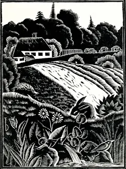 Wood Cut Prints: An idyllic rural scene