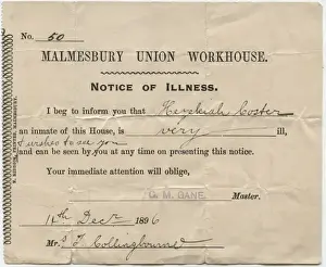 Relative Prints: Illness Notice, Malmesbury Workhouse, Wiltshire