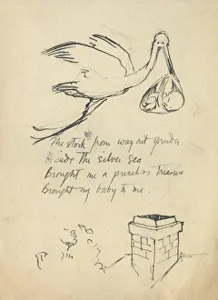 Stork Prints: Illustrated page, stork and baby, by Muriel Dawson