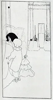 Grotesque Prints: Illustration by Aubrey Beardsley, of a woman's bedroom
