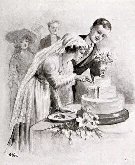 Etiquette Collection: Illustration - The bride cuts the cake