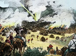 Soudan Prints: Illustration of burning Tamasi Village, Soudan War