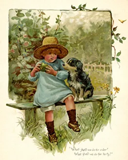 Apples Gallery: Illustration, Child eating apple, with dog