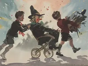 Bonfire Prints: An illustration of two children pushing a Guy Fawkes