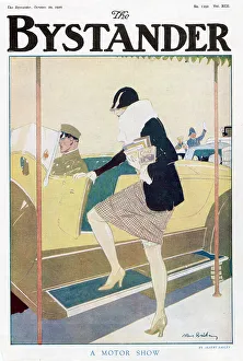 Bailey Prints: Illustration of an elegant woman getting into her car at a motor show