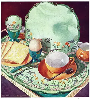 Linen Prints: Illustration of embroidered linen for a breakfast tray set Date: 1929