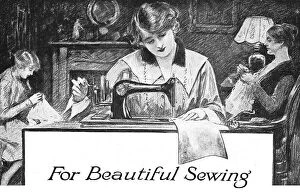Twist Collection: Illustration of a family of women sewing at home, the centre figure using a sewing machine